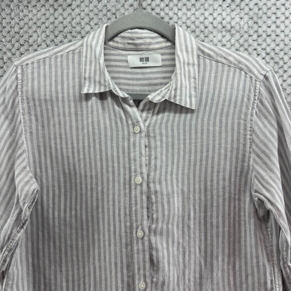 Uniqlo Top Womens XS Gray Striped Linen Button Up Shirt Long Sleeve Collared - Picture 3 of 13